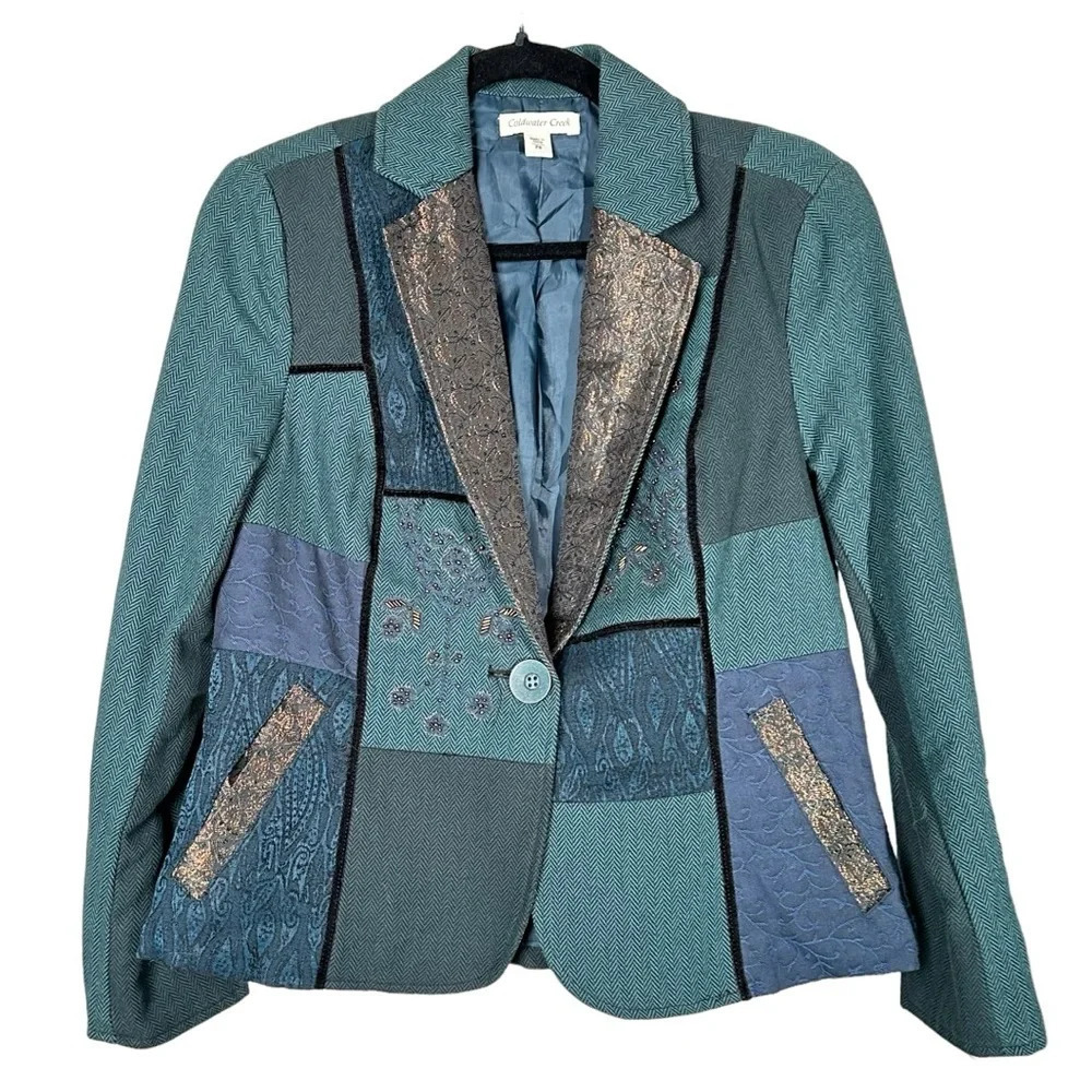 Coldwater Creek Size Petite 8 Patchwork Blazer Jacket Teal Boho Lagenlook Artsy